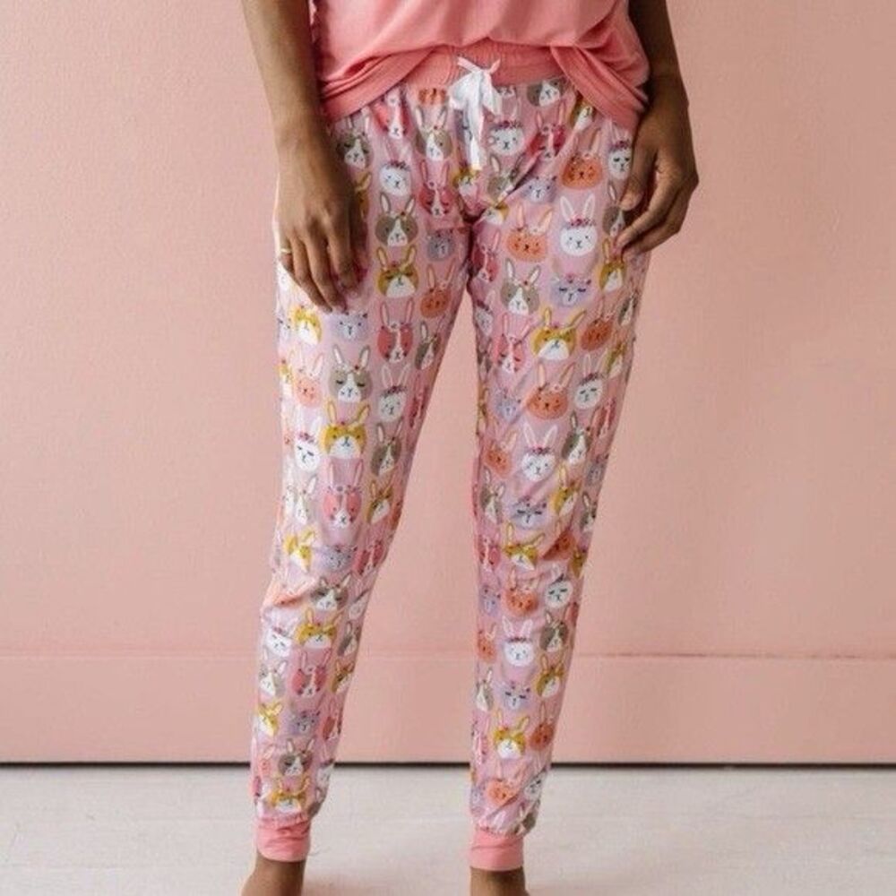 Little Sleepies Pink Boho Bunnies Womens Pajama Jogger Pants Sz Sm Easter Floral